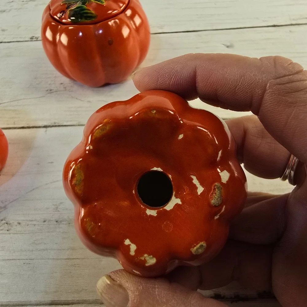 Vintage Ceramic Pumpkin Tomato Salt Pepper Shakers and Lidded Jam Pot Set Orange